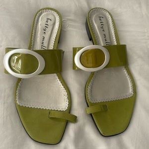 Bettye Muller lime green sandals buckle in left shoe is a little discolored
